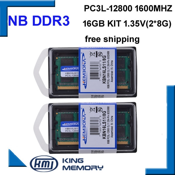 KEMBONA new arrive laptop rams sodimm DDR3L DDR3 16GB(kit of 2pcs ddr3 8gb) PC3L-12800 1.35V low power 204pin ram memory