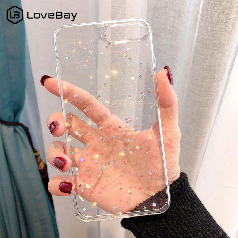 Lovebay Bling Star Glitter Powder Soft Phone Case For iPhone 13 12 11 Pro Max X XR XS 8 7 6 6s  Plus SE 2020 Transparent Back