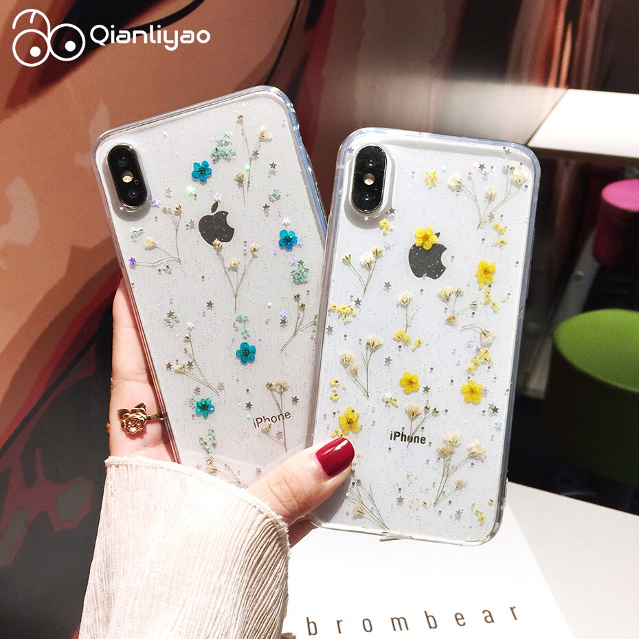 Qianliyao Real Dry Flower Glitter Clear Case For iPhone 13 12 Pro Max X  7 8 Plus 6s Phone Case For iphone 11 XR XS Max SE Cover