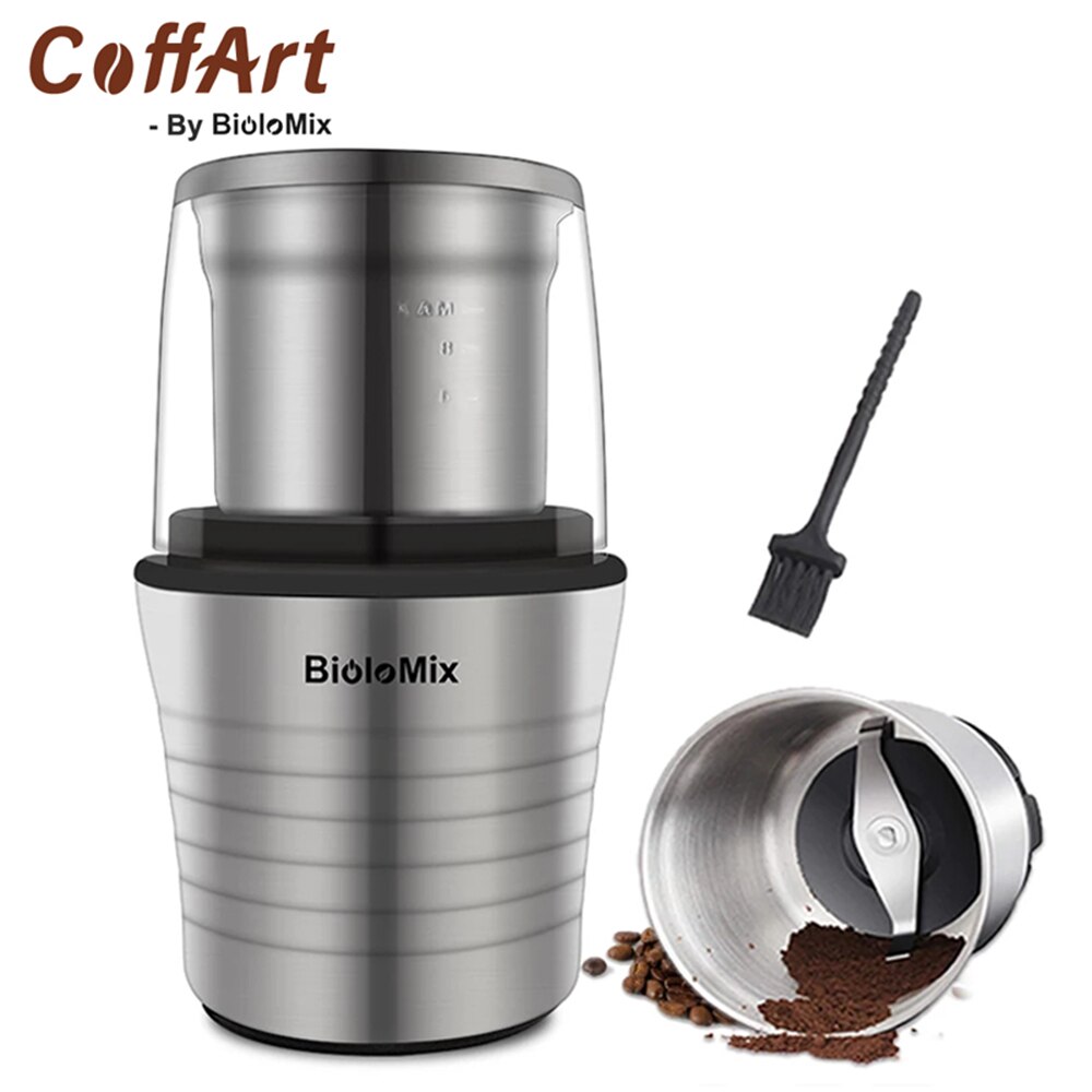 Coffart By BioloMix 2-in-1 Wet and Dry Double Cups 300W Electric Coffee Bean Grinder Stainless Steel Body and Miller Blades