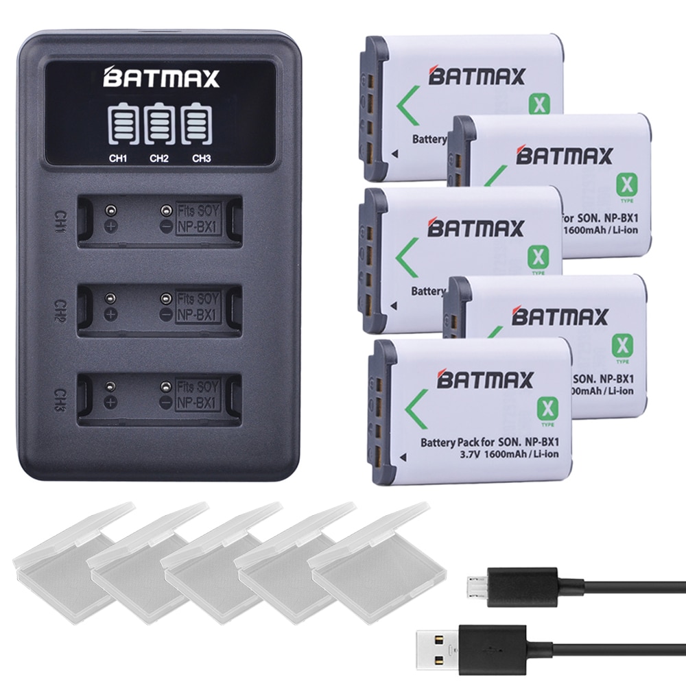 5pcs NP-BX1 np bx1 Battery + 3 Slots LCD Charger for Sony DSC-RX100 DSC-WX500 IV HX300 WX300 HDR-AS15 X3000R MV1 AS30V HDR-AS300