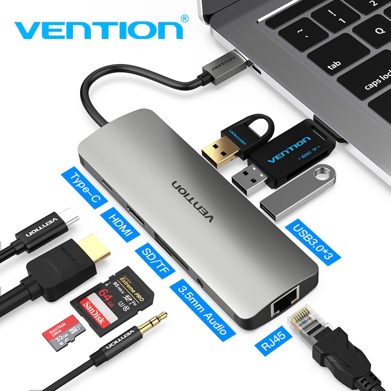 Vention Thunderbolt 3 Dock USB Hub Type C to HDMI USB3.0 RJ45 Adapter for MacBook Samsung Dex S8/S9 Huawei P30 Pro usb c Adapter
