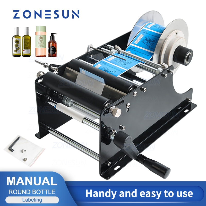 ZONESUN ZS-50 Label Applicator Manual Round Bottle Labeling Machine Beer Can Jar Tube Wine Adhesive Sticker Labeler